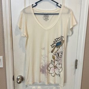 Trish Grantham Off White V Neck Tee Top Dreamer Bird Butterfly - XL - NWOT